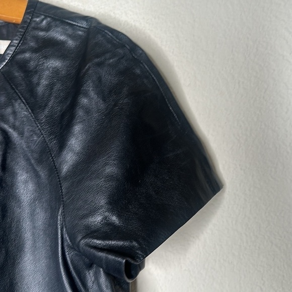 Banana Republic Pleated Leather Short Sleeve Top Western Rock Grunge Black Large - Picture 8 of 16